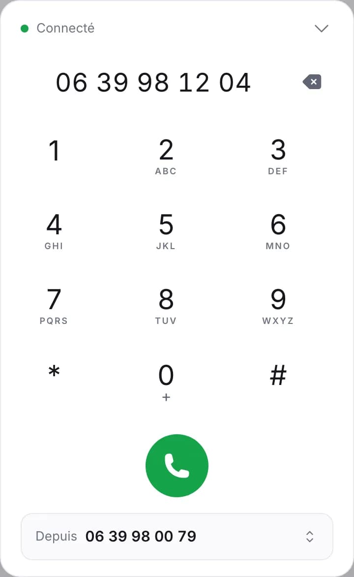 Le composeur d’Allo360, ouvert dans un onglet : un numéro tapé, le clavier, et la ligne depuis laquelle on appelle.