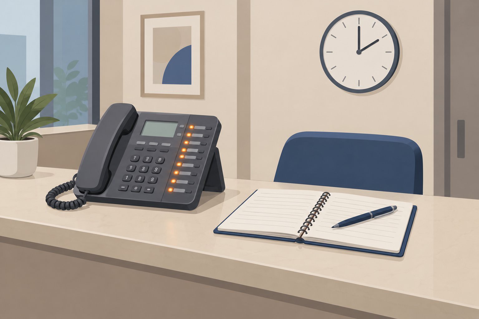 Téléphone de bureau aux lignes clignotantes, pendule marquant quatorze heures, carnet ouvert.