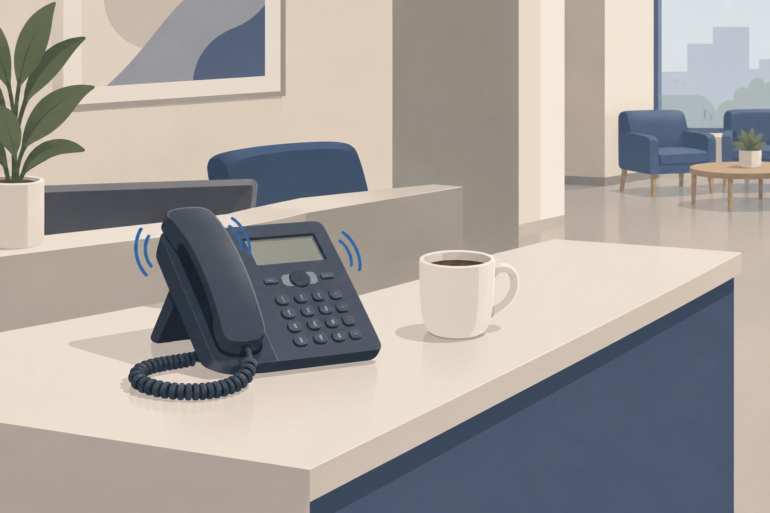 Téléphone de bureau vibrant sur un comptoir d'accueil désert, tasse de café posée à côté.