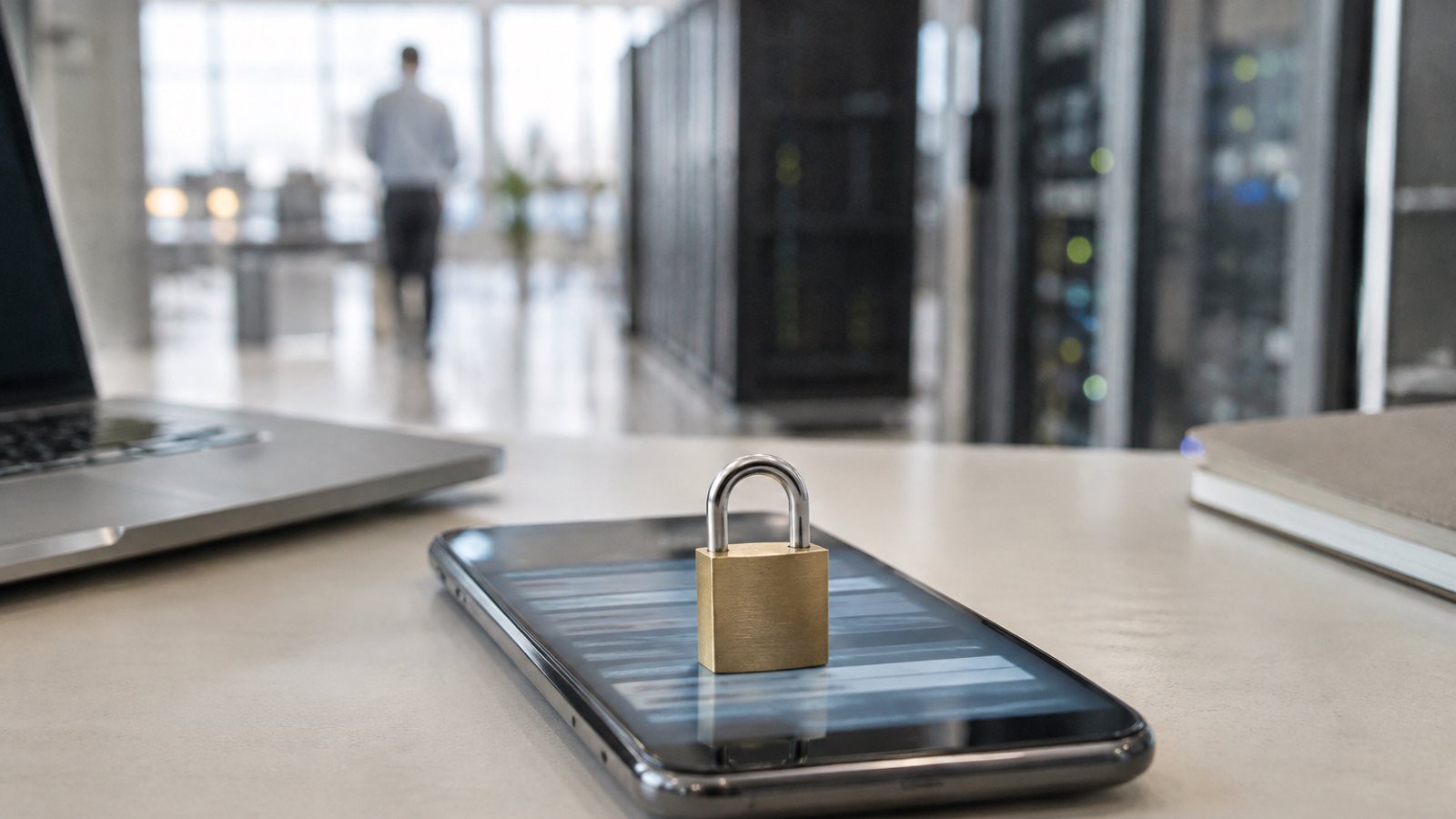 Cadenas posé sur un téléphone, serveurs flous en arrière-plan.