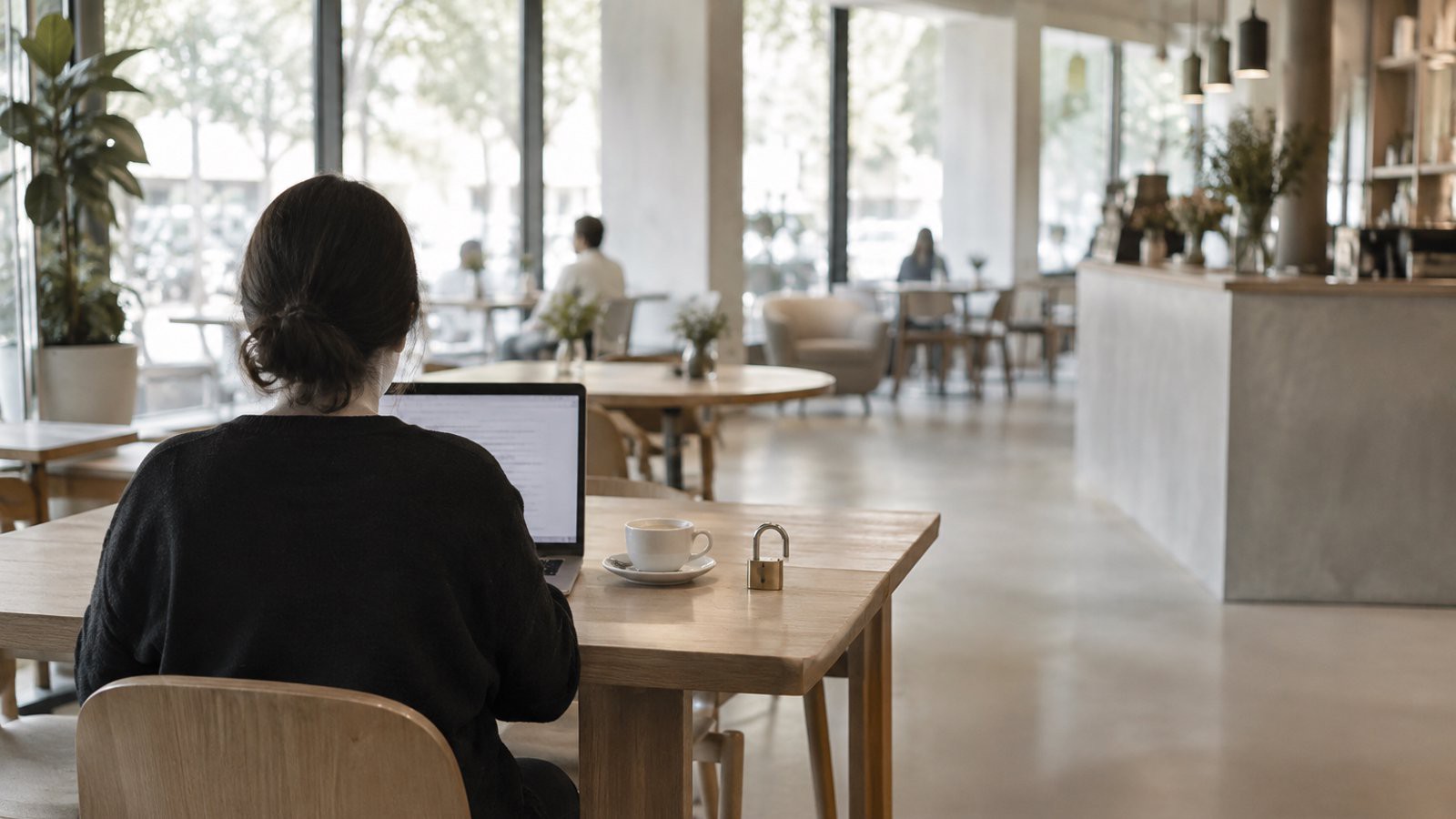 Café lumineux, silhouette de dos devant un ordinateur portable, cadenas ouvert sur la table.