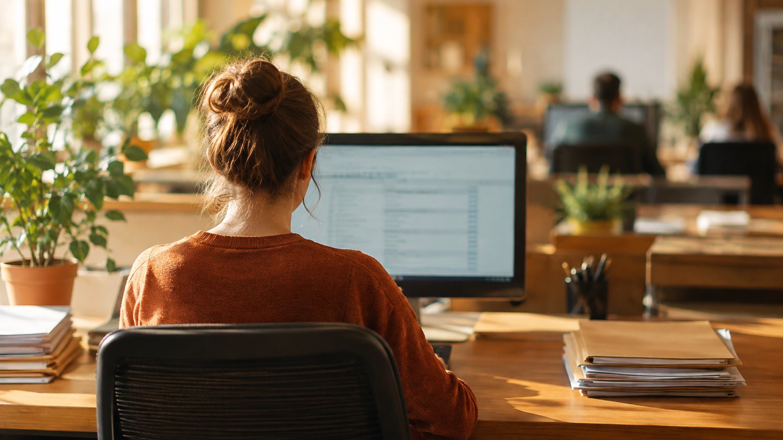 Bureau clair, personne de dos face à un écran flou, dossiers empilés.
