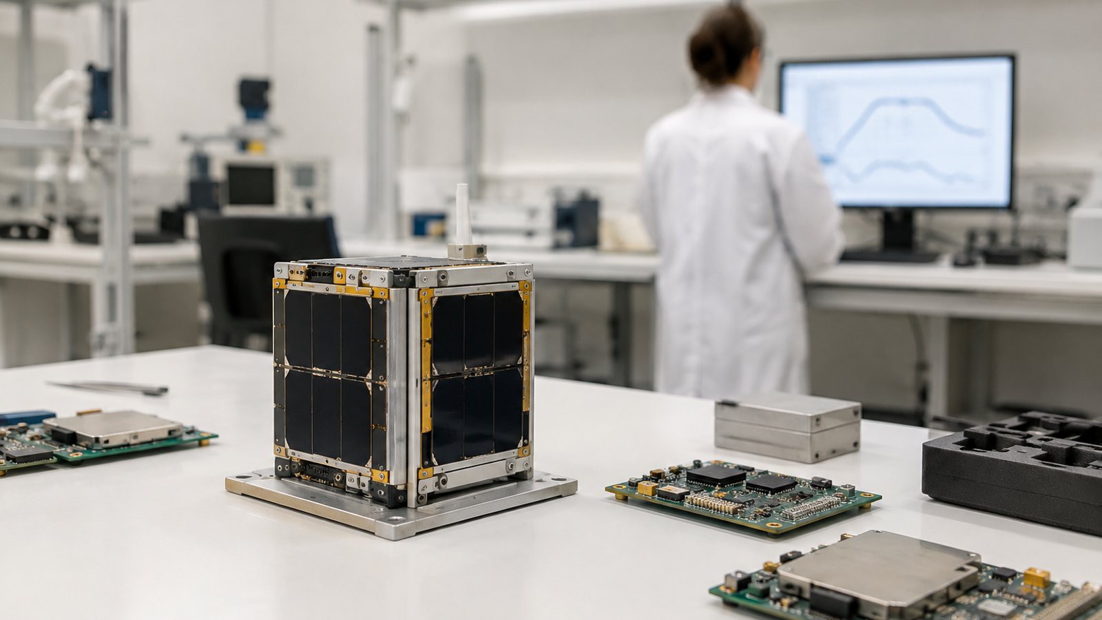 Composants électroniques et maquette de satellite sur une table de laboratoire.