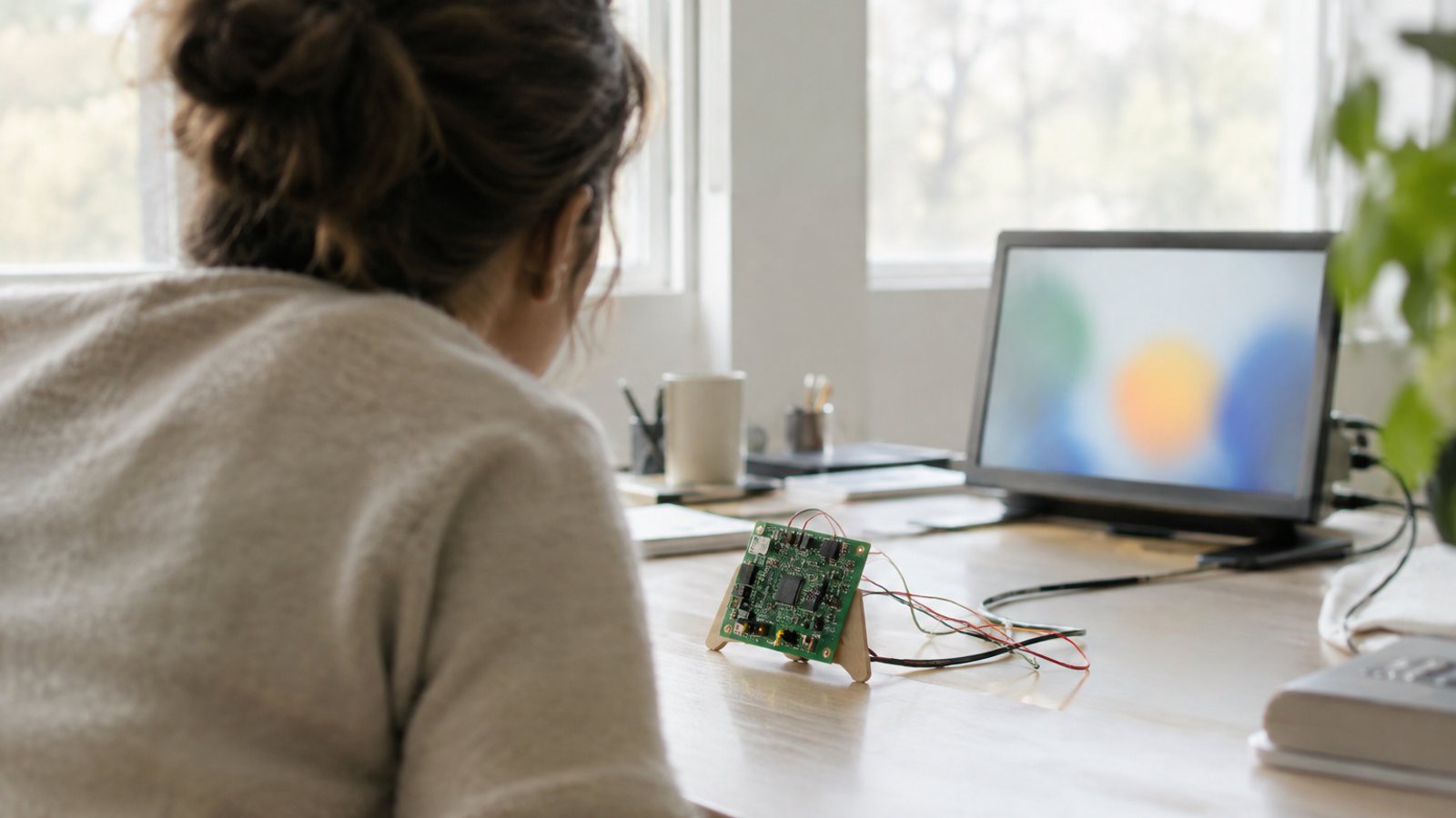 Petite carte électronique sur un bureau, écran flou, personne de dos penchée.