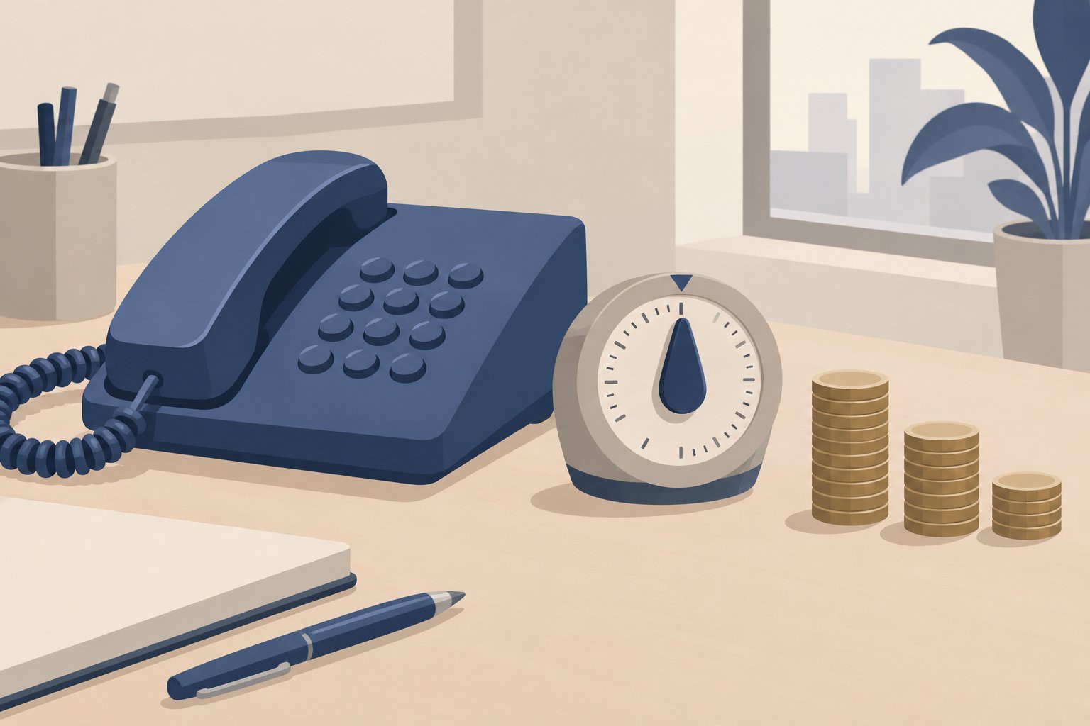 Casque téléphonique, minuteur circulaire et piles de pièces de tailles différentes sur un bureau.