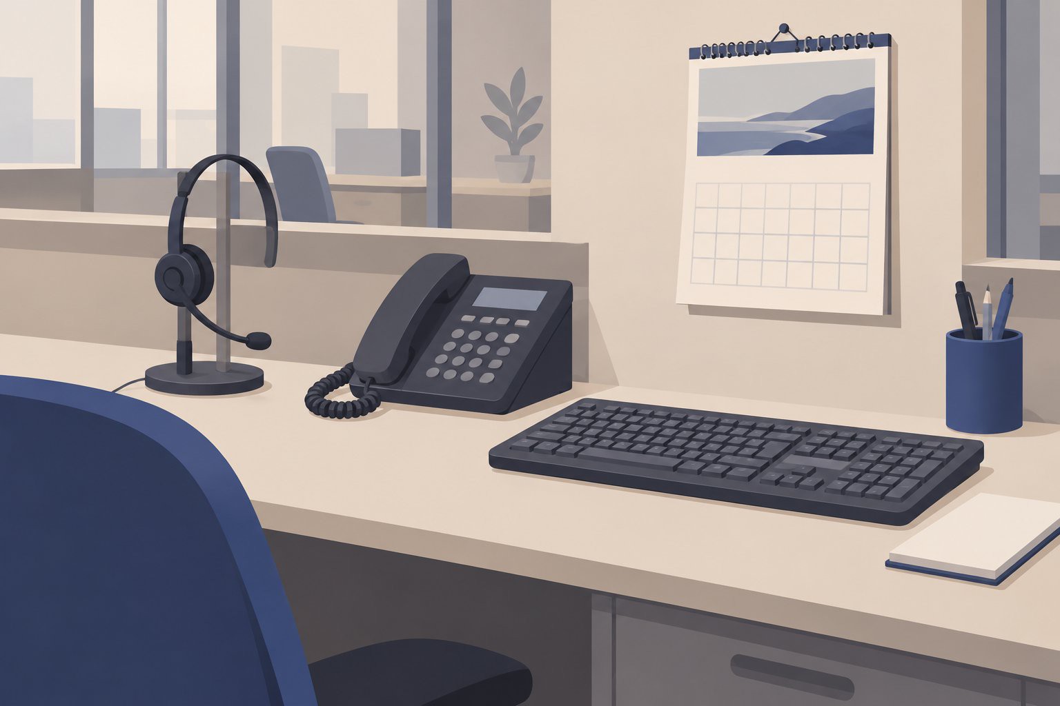 Casque téléphonique sur un bureau vide avec un calendrier mural et un combiné.