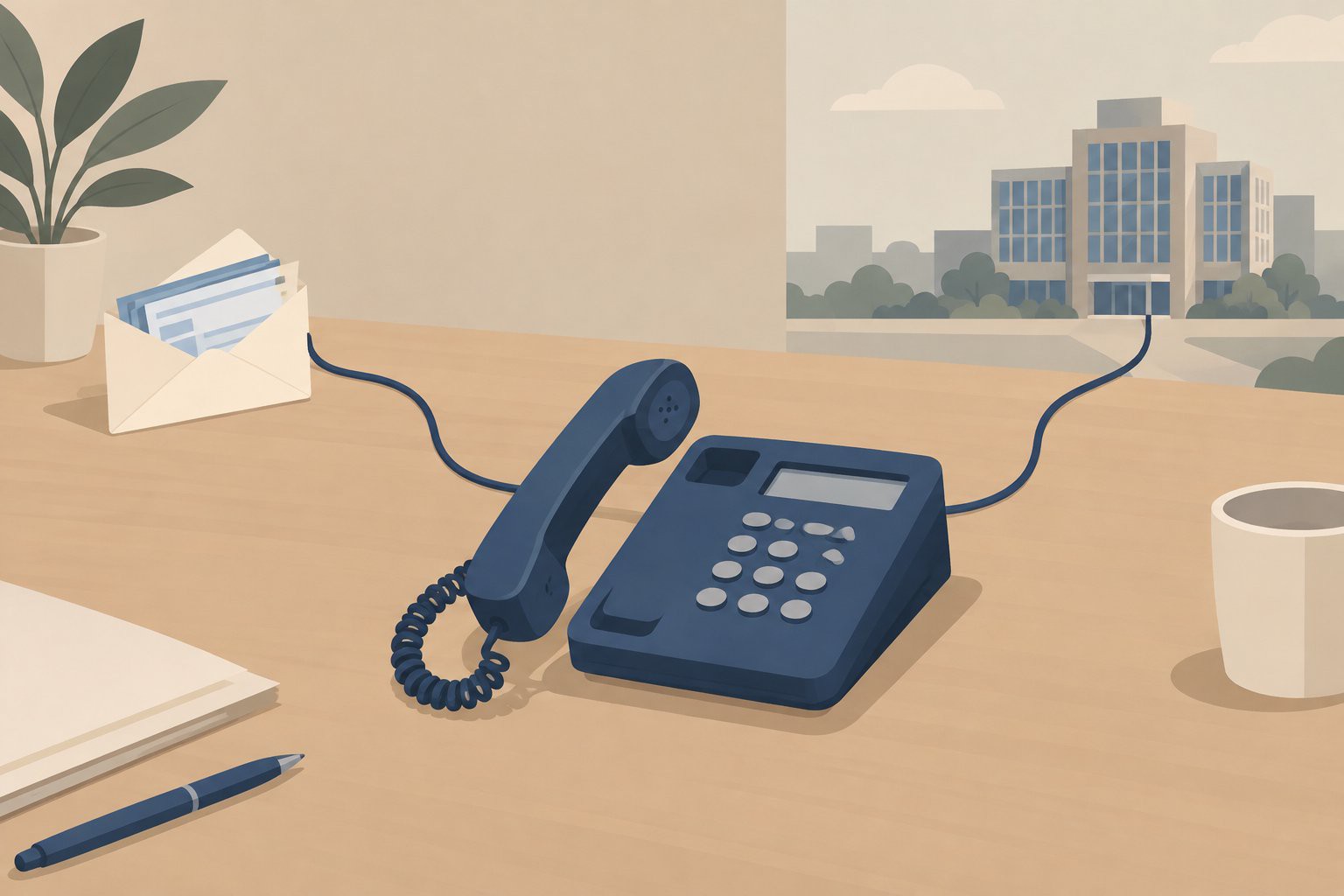Téléphone fixe relié à une enveloppe de salaire et à un bâtiment distant.
