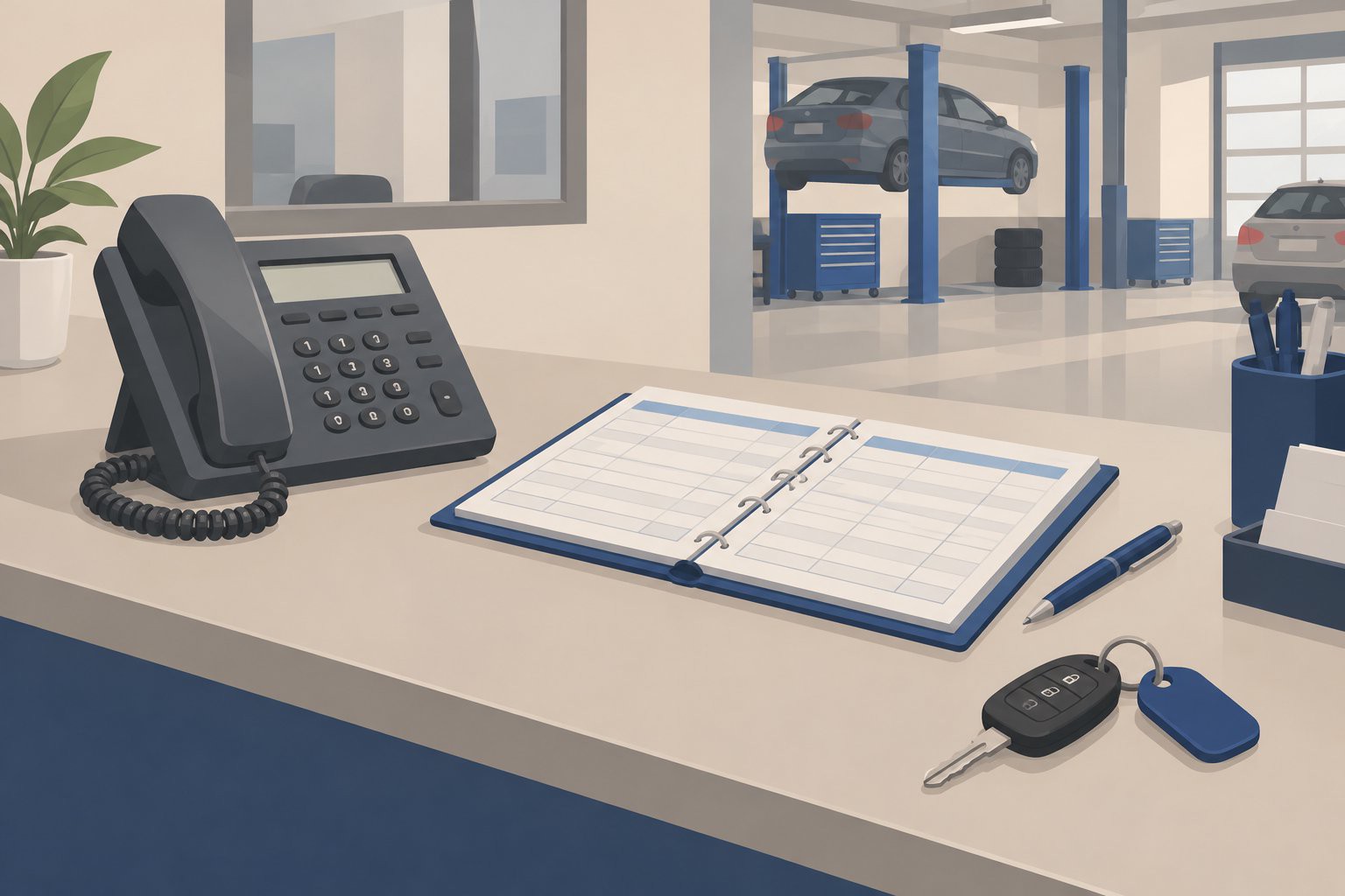 Telephone fixe sur un comptoir de garage, planning ouvert et cles de voiture.