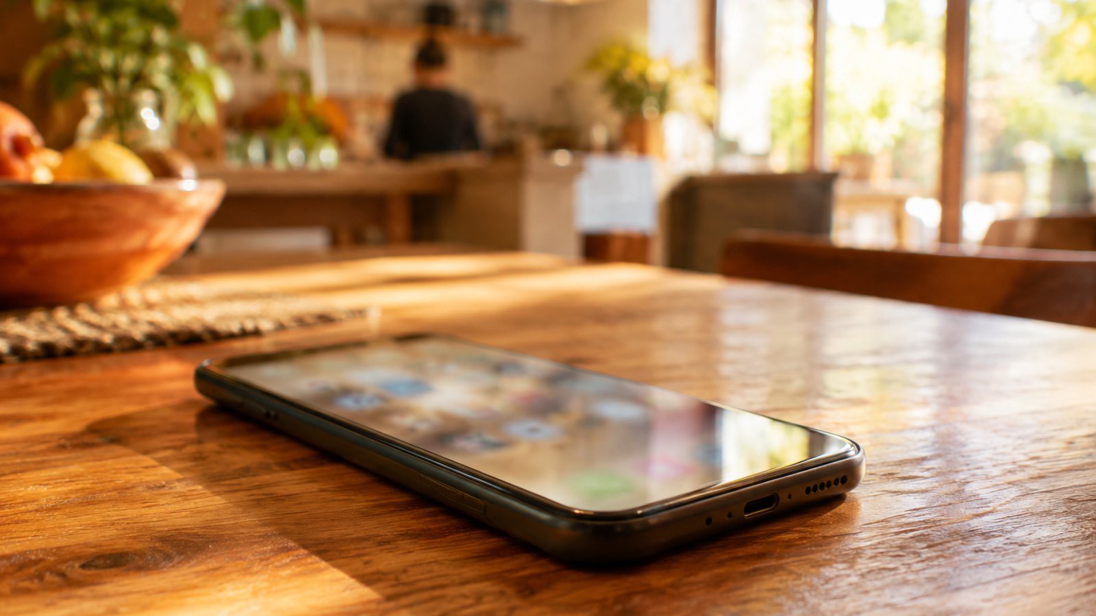 Téléphone générique posé sur une table, écran flou lumineux.