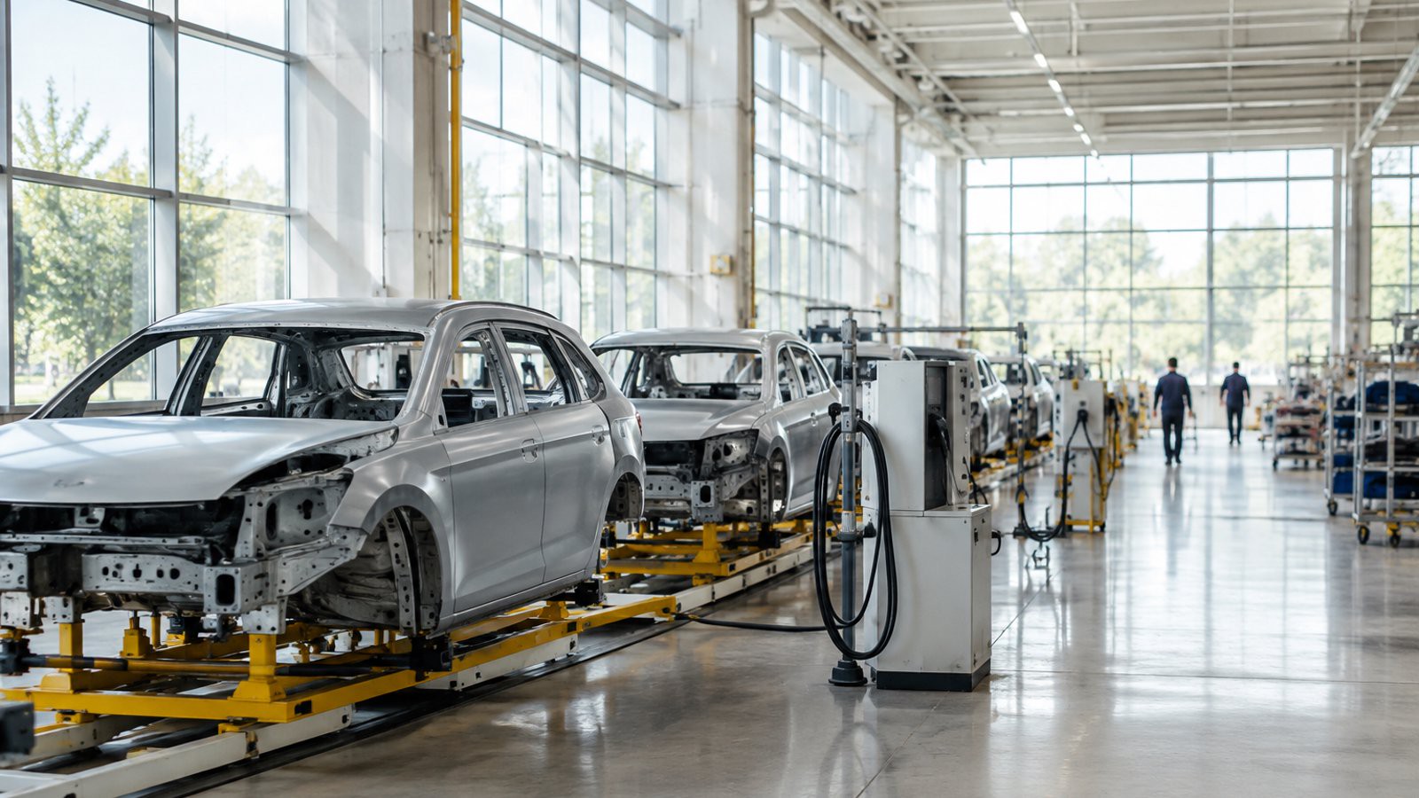 Atelier automobile lumineux avec carrosseries grises et équipement de charge électrique.