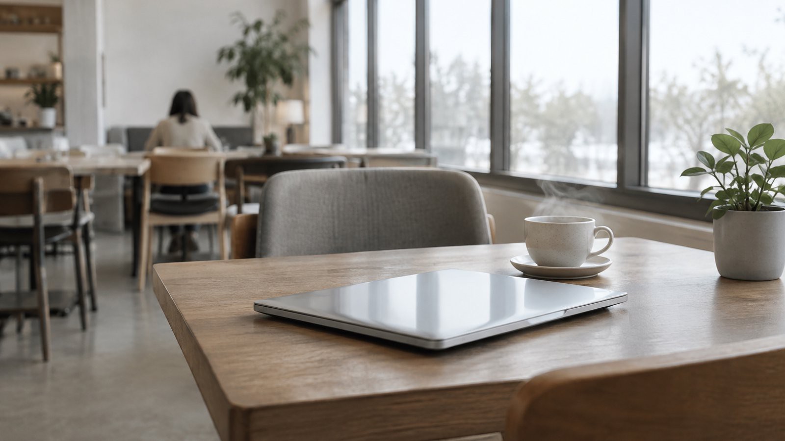 Café lumineux, table en bois, ordinateur portable fermé, silhouette lointaine floue.