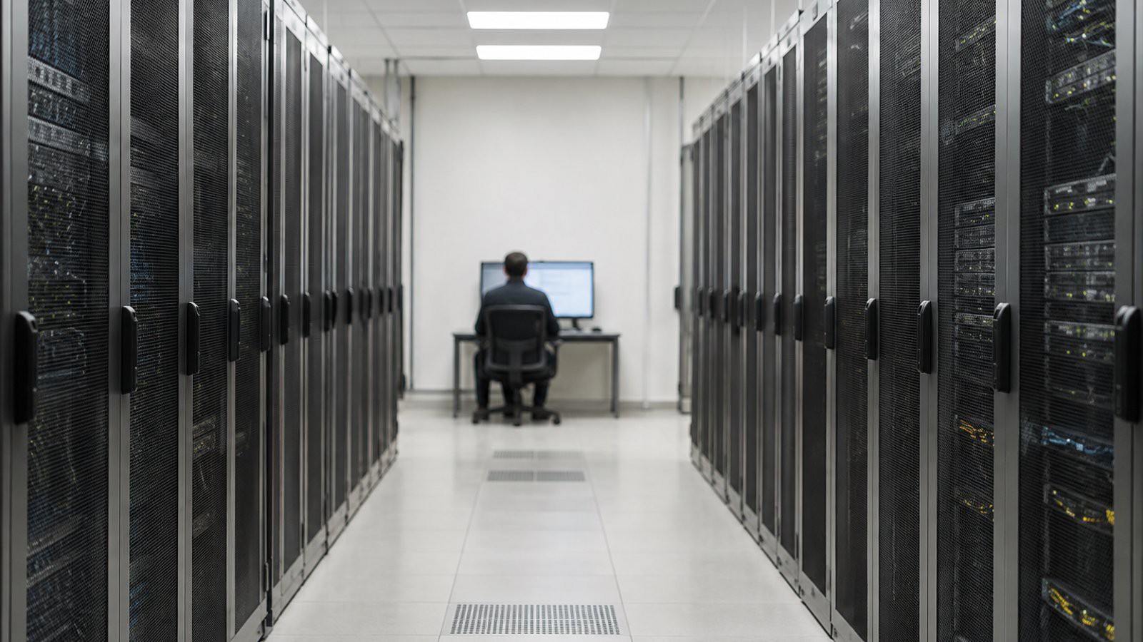 Allée de serveurs, bureau lointain avec souris, silhouette de dos