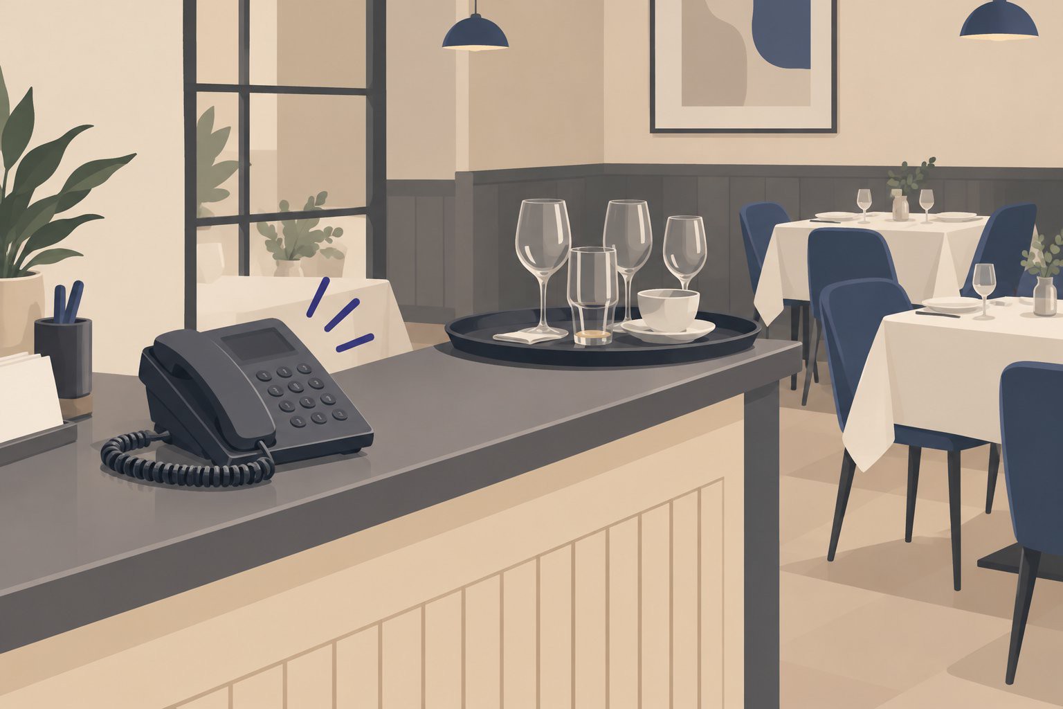 Téléphone sonnant au comptoir d'un restaurant, plateau de service posé entre les tables.